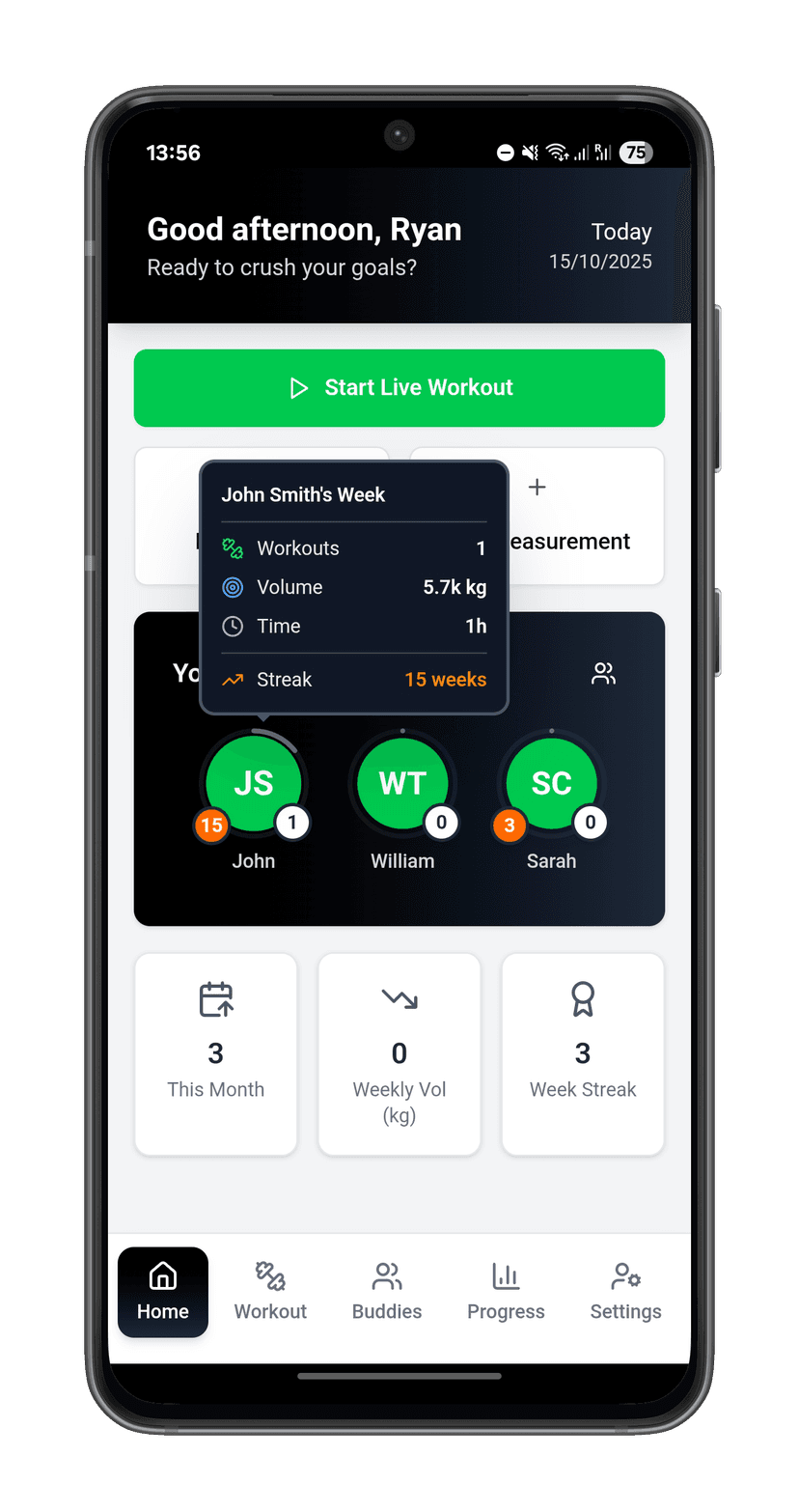 Screenshot of home screen showing buddy stats