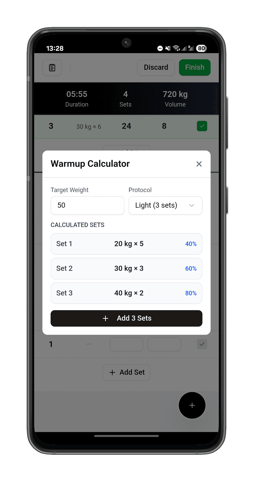 Screenshot of warmup calculator
